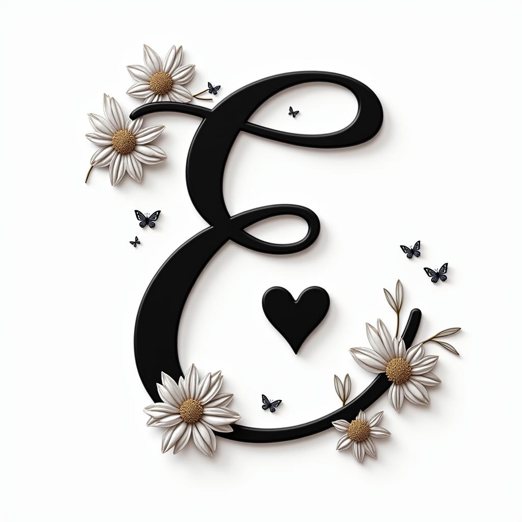 Cursive E, flowers and butterfliesin elegant cursive calligraphy style 2d tattoo, decorate with roses, featuring a smooth and flowing handwritten script with slightly thickened strokes for a luxurious and bold appearance,  heart symbol between names,  sleek and glossy black text with shadowing, minimalist matte white background, clean and sharp edges, illuminated with soft lighting, romantic, 8k, high-quality textures with refined typography - Variation 5