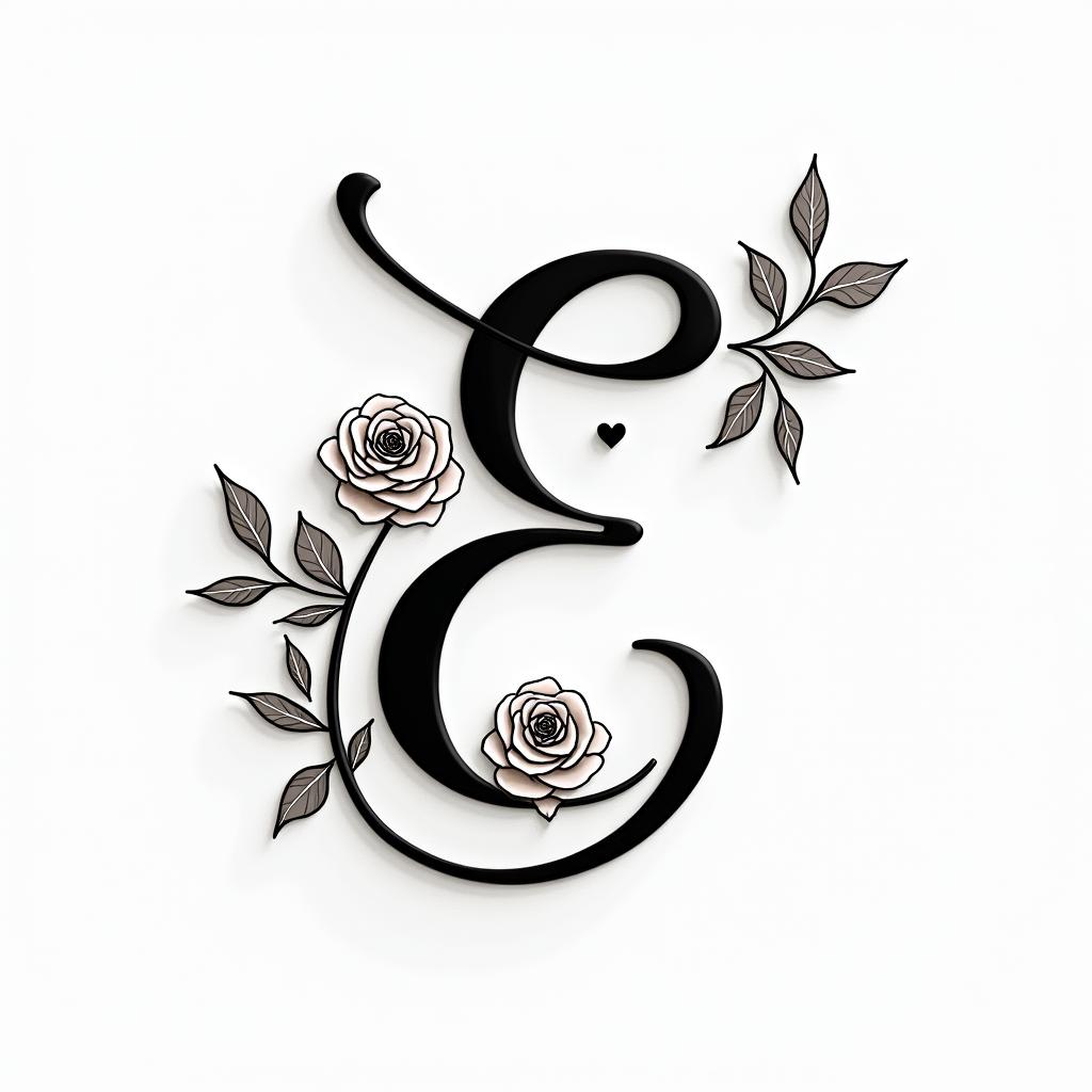Cursive E, flowers and butterfliesin elegant cursive calligraphy style 2d tattoo, decorate with roses, featuring a smooth and flowing handwritten script with slightly thickened strokes for a luxurious and bold appearance,  heart symbol between names,  sleek and glossy black text with shadowing, minimalist matte white background, clean and sharp edges, illuminated with soft lighting, romantic, 8k, high-quality textures with refined typography - Variation 3