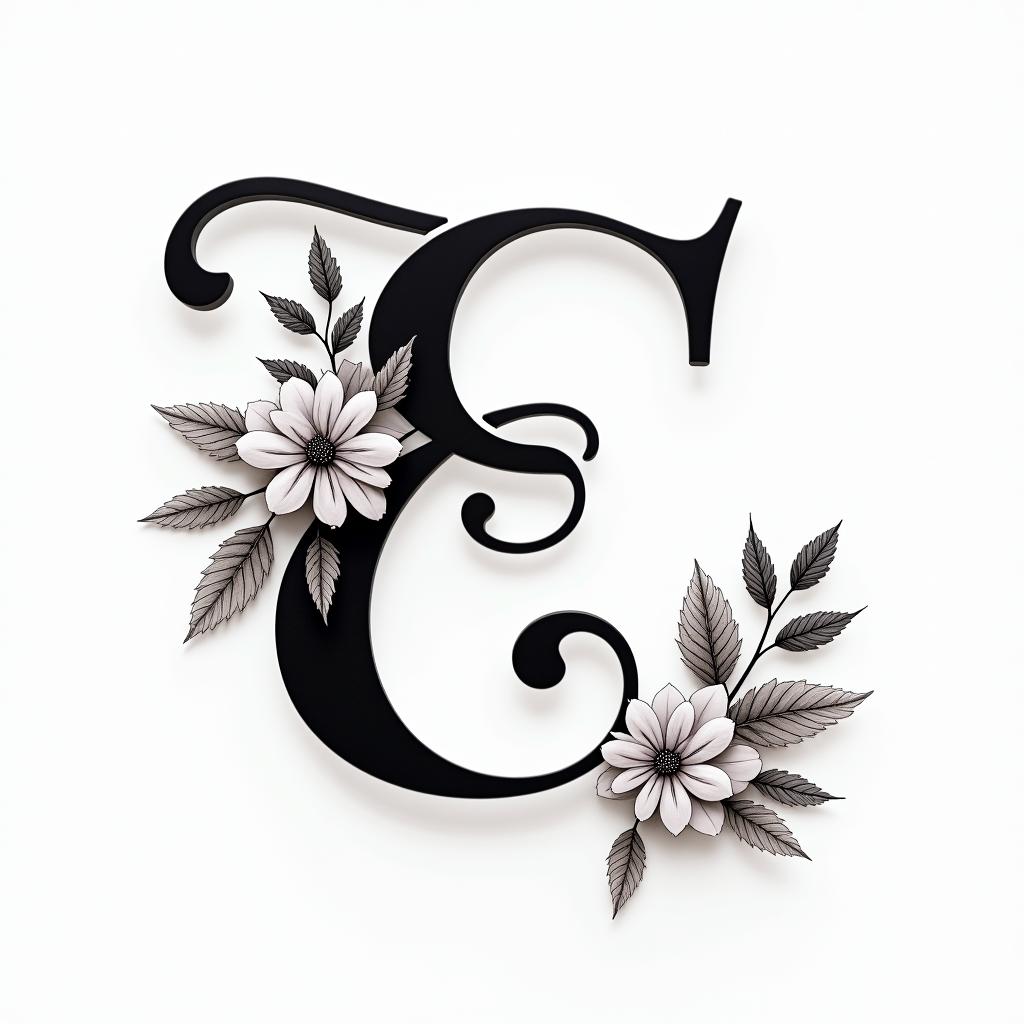 Cursive E, flowers and butterfliesin elegant cursive calligraphy style 2d tattoo, decorate with roses, featuring a smooth and flowing handwritten script with slightly thickened strokes for a luxurious and bold appearance,  heart symbol between names,  sleek and glossy black text with shadowing, minimalist matte white background, clean and sharp edges, illuminated with soft lighting, romantic, 8k, high-quality textures with refined typography - Variation 4