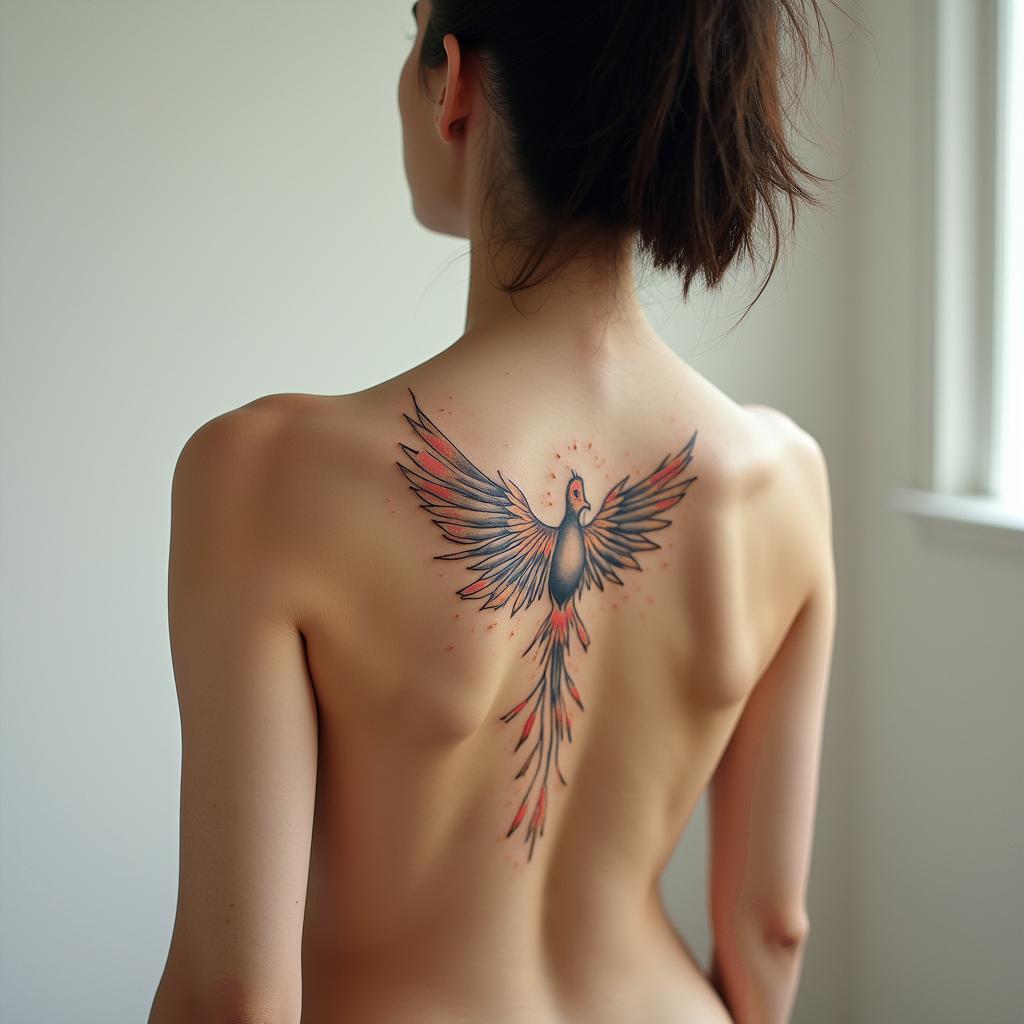 Phoenixin minimalist style tattoo, featuring simple shapes and fine lines, with minimal shading and details, tiny triangles, creating a sense of balance and harmony - Variation 2
