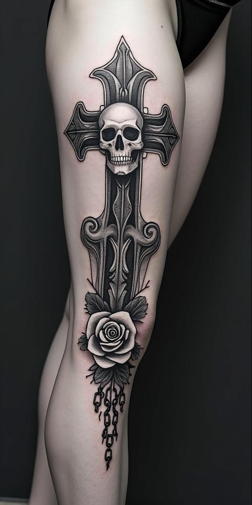 Pelagiain chicano style tattoo, featuring intricate black and grey shading, bold elements of traditional chicano culture symbols, add a big cross with skull, chains and roses - Variation 2