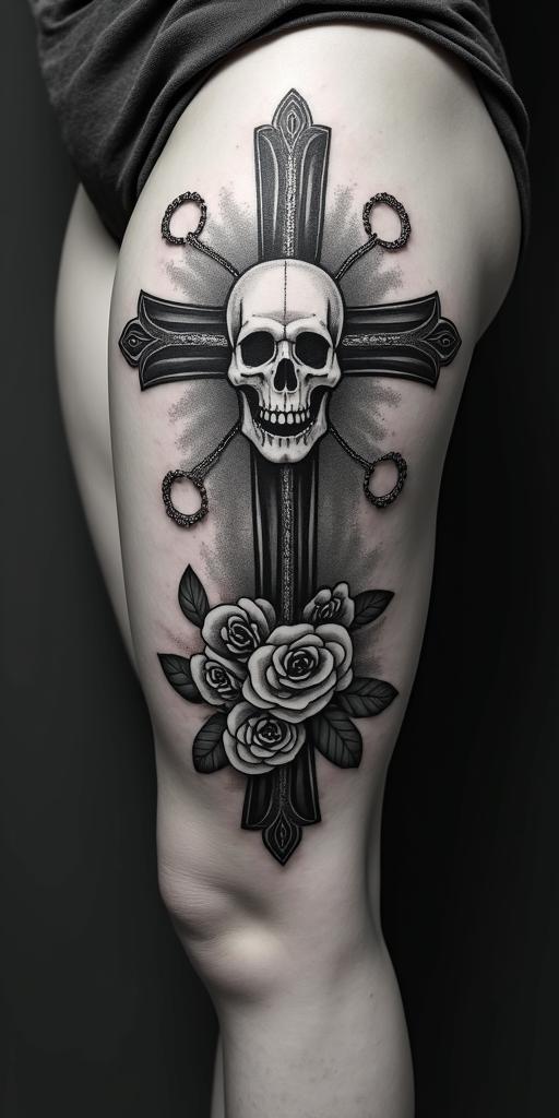 Pelagiain chicano style tattoo, featuring intricate black and grey shading, bold elements of traditional chicano culture symbols, add a big cross with skull, chains and roses