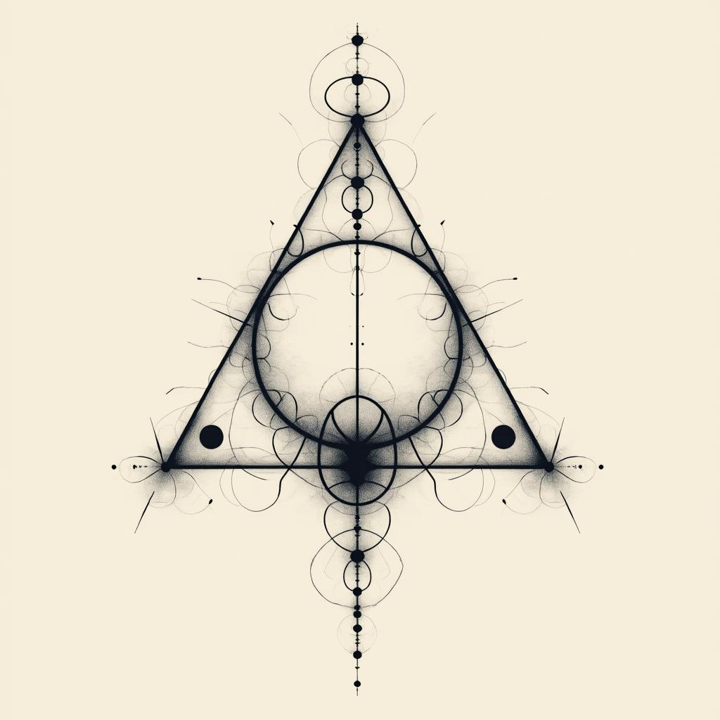 An abstract tattoo design of a triangle with a line bisecting it, accompanied by circles both outside and inside, highlighting simplicity and elegance.undefined