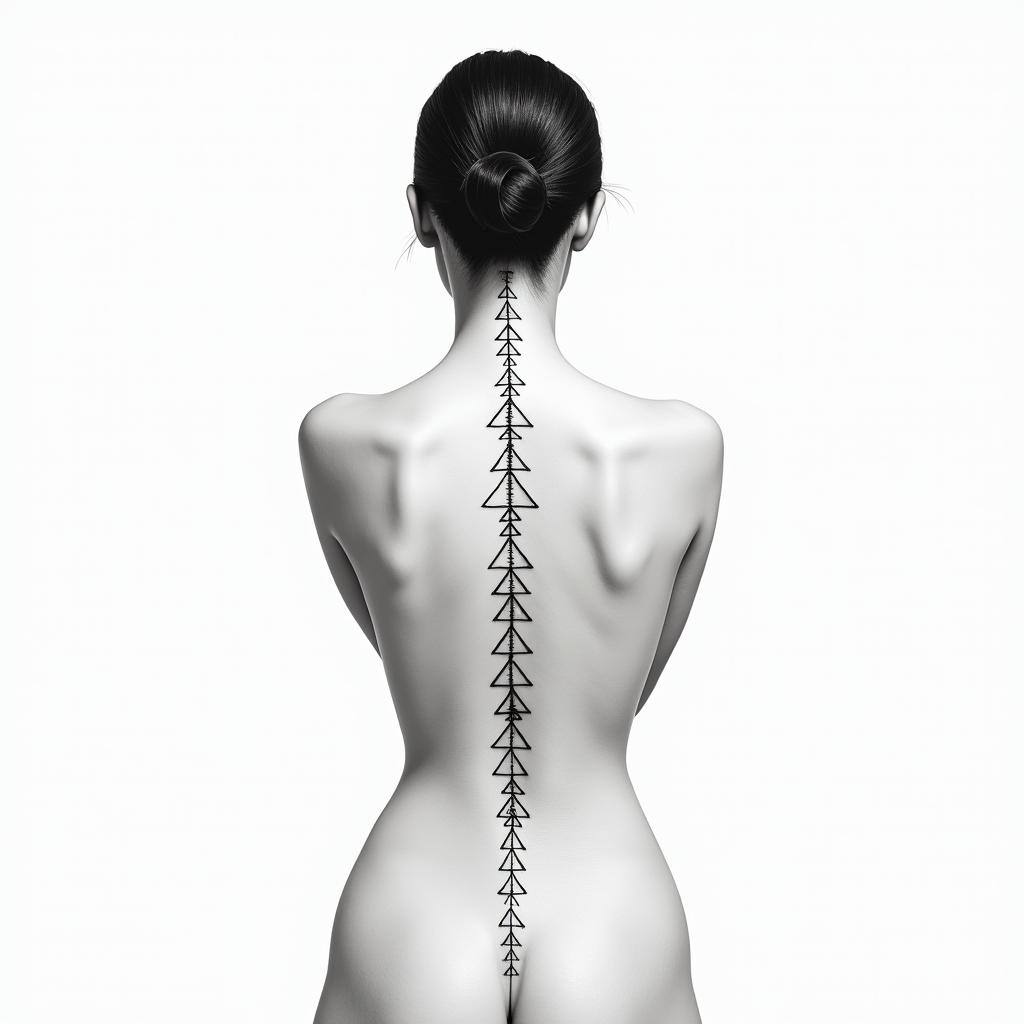 Spine back thin Tatto with meaning of strength woman mother Virgo warriorin minimalist style tattoo, featuring simple shapes and fine lines, with minimal shading and details, tiny triangles, creating a sense of balance and harmony