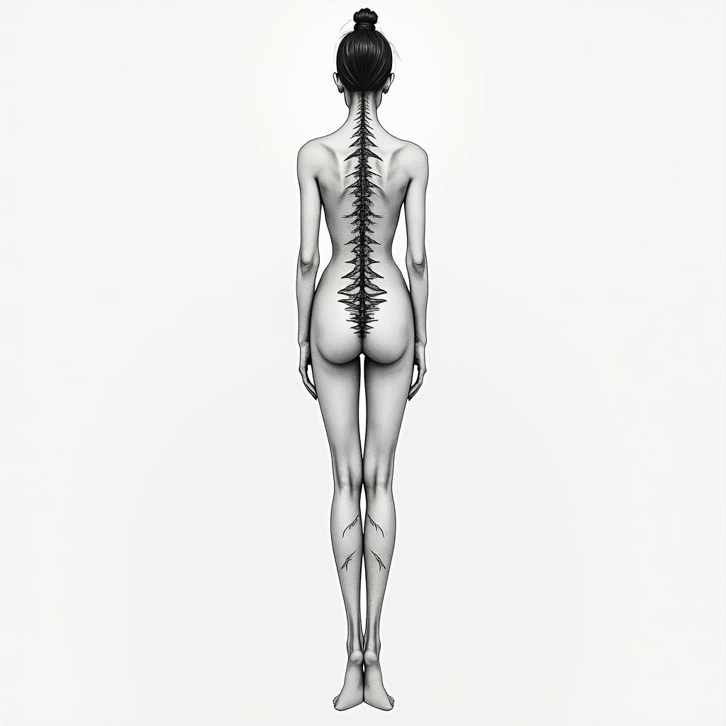 Spine back thin Tatto with meaning of strength woman mother Virgo warriorin minimalist style tattoo, featuring simple shapes and fine lines, with minimal shading and details, tiny triangles, creating a sense of balance and harmony - Variation 4