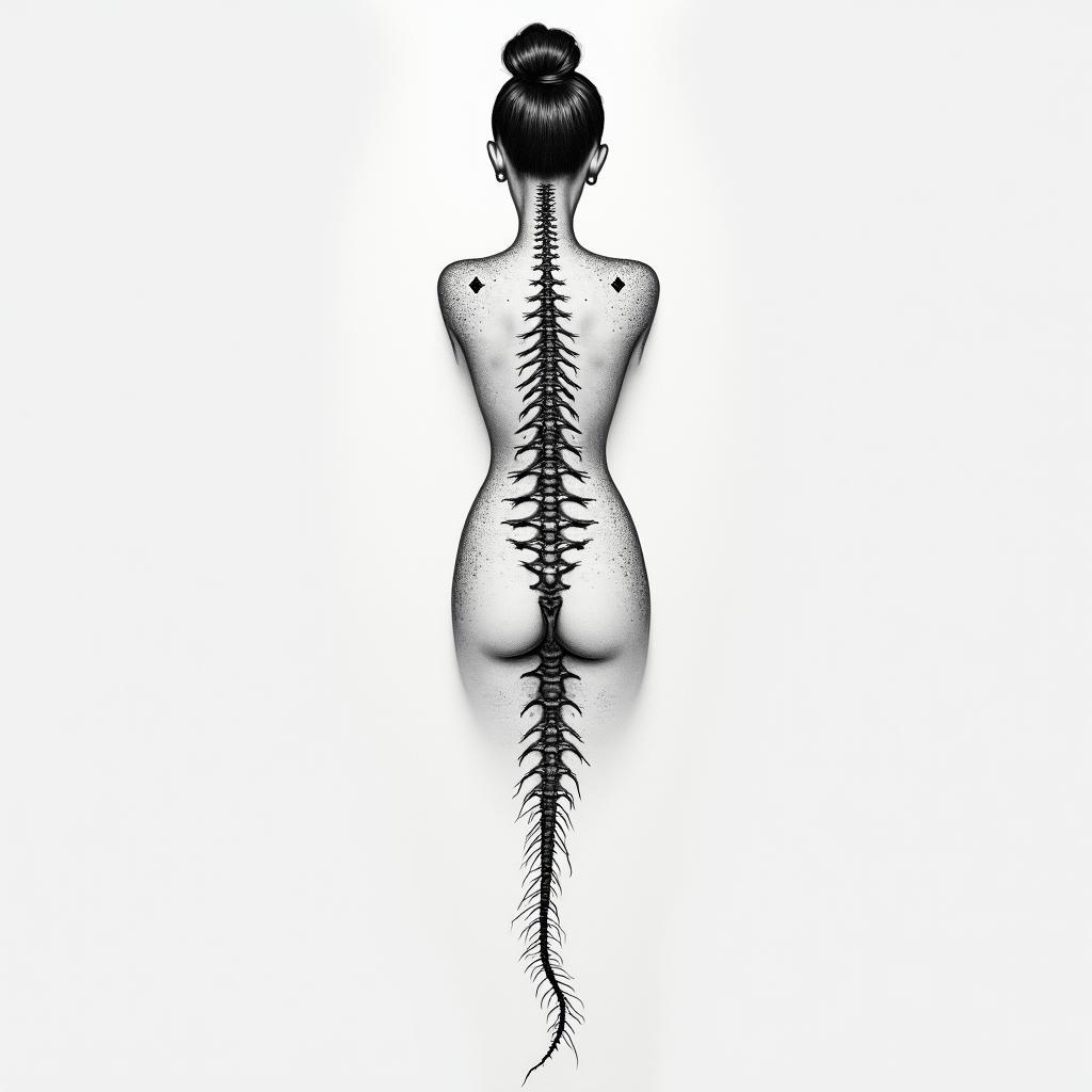 Spine back thin Tatto with meaning of strength woman mother Virgo warriorin minimalist style tattoo, featuring simple shapes and fine lines, with minimal shading and details, tiny triangles, creating a sense of balance and harmony - Variation 3