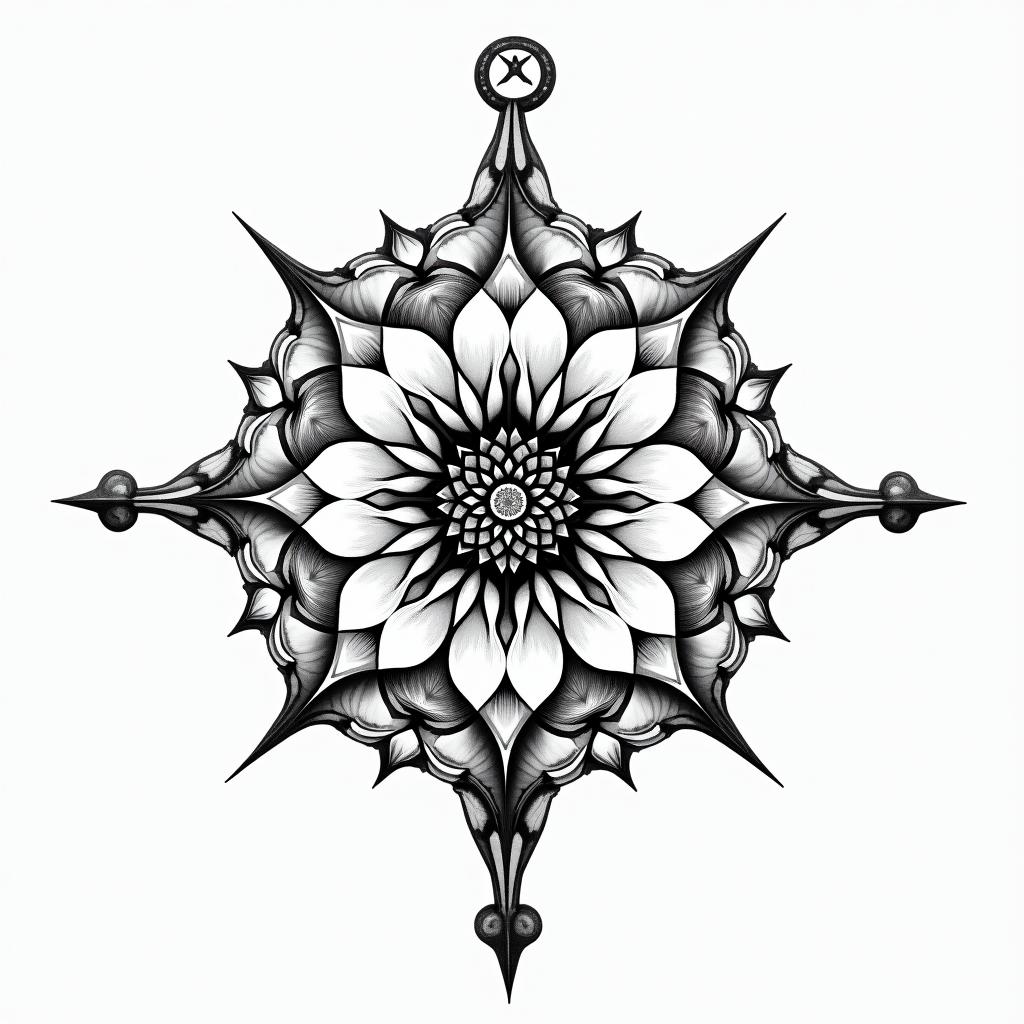 Compass, flower and my sister in geometric style tattoo, blending hexagons, mandala-inspired patterns, symmetrical and fractal design, clean lines, sharp angles - Variation 4