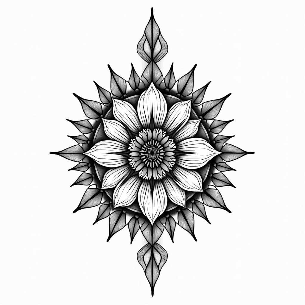 Compass, flower and my sister in geometric style tattoo, blending hexagons, mandala-inspired patterns, symmetrical and fractal design, clean lines, sharp angles - Variation 2