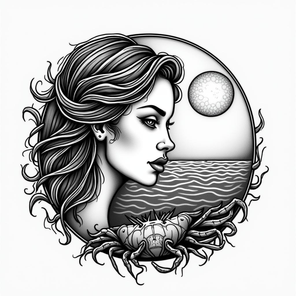 Woman’s face by the moon, water, and large crabin authentic tattoo style, incorporating traditional modifications, bold black outlines, solid color fills, featuring classic authentic elements - Variation 3