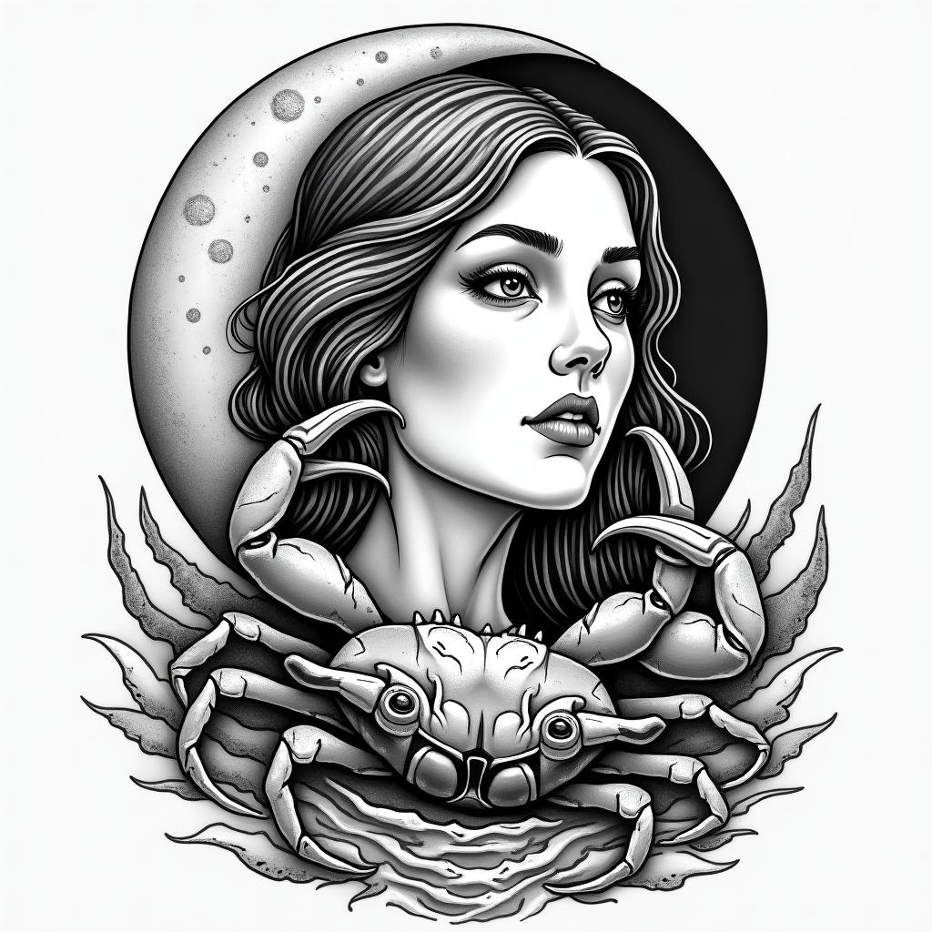 Woman’s face by the moon, water, and large crabin authentic tattoo style, incorporating traditional modifications, bold black outlines, solid color fills, featuring classic authentic elements - Variation 4