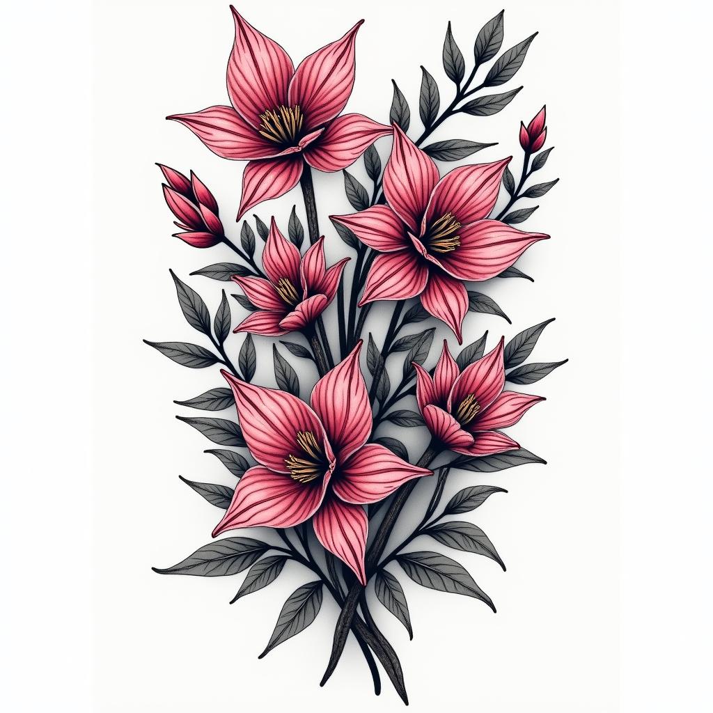 Wisteria wild and sensual with color plantsin new school tattoo, pop culture, modern, detailed tattoo, illustrative - Variation 4