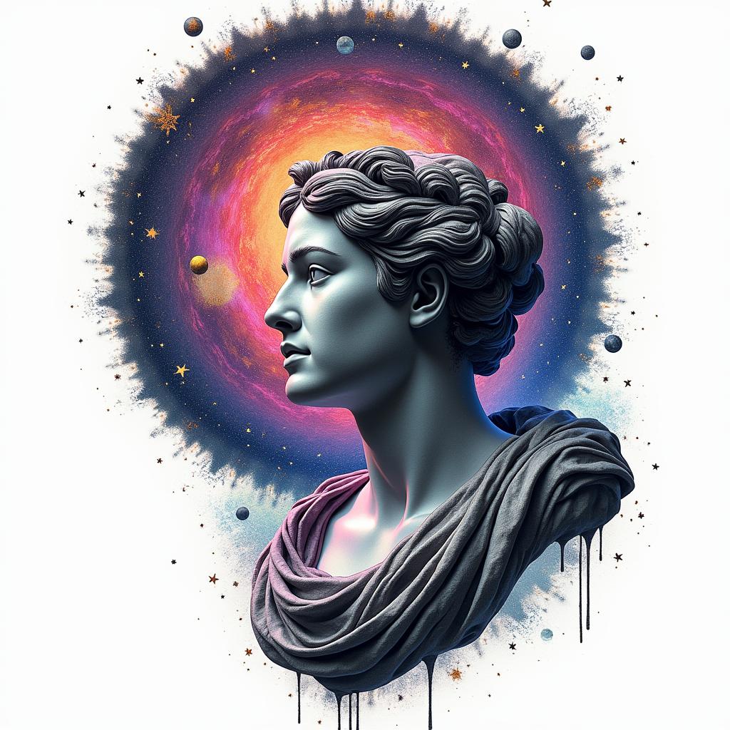 Spiral galaxy with stars and planetsin distorted and fragmented tattoo design, featuring a classical statue bust, in a glitch art style with vibrant, overlapping colors of cyan, magenta, and yellow, creating a digital distortion effect