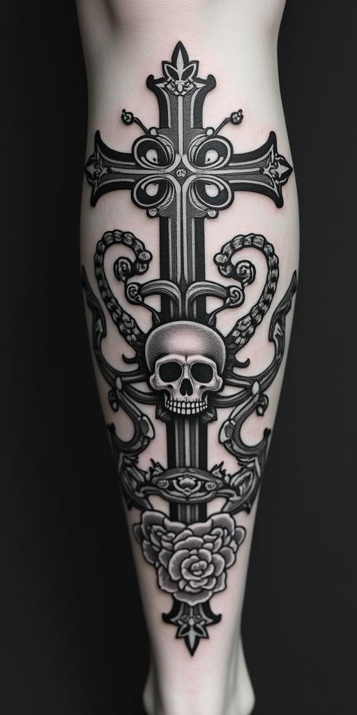 Heartsin chicano style tattoo, featuring intricate black and grey shading, bold elements of traditional chicano culture symbols, add a big cross with skull, chains and roses - Variation 3