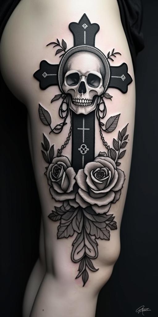 Heartsin chicano style tattoo, featuring intricate black and grey shading, bold elements of traditional chicano culture symbols, add a big cross with skull, chains and roses - Variation 2