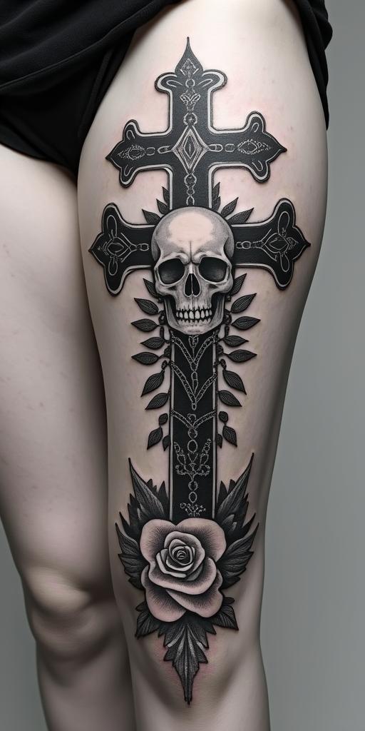 Heartsin chicano style tattoo, featuring intricate black and grey shading, bold elements of traditional chicano culture symbols, add a big cross with skull, chains and roses - Variation 4