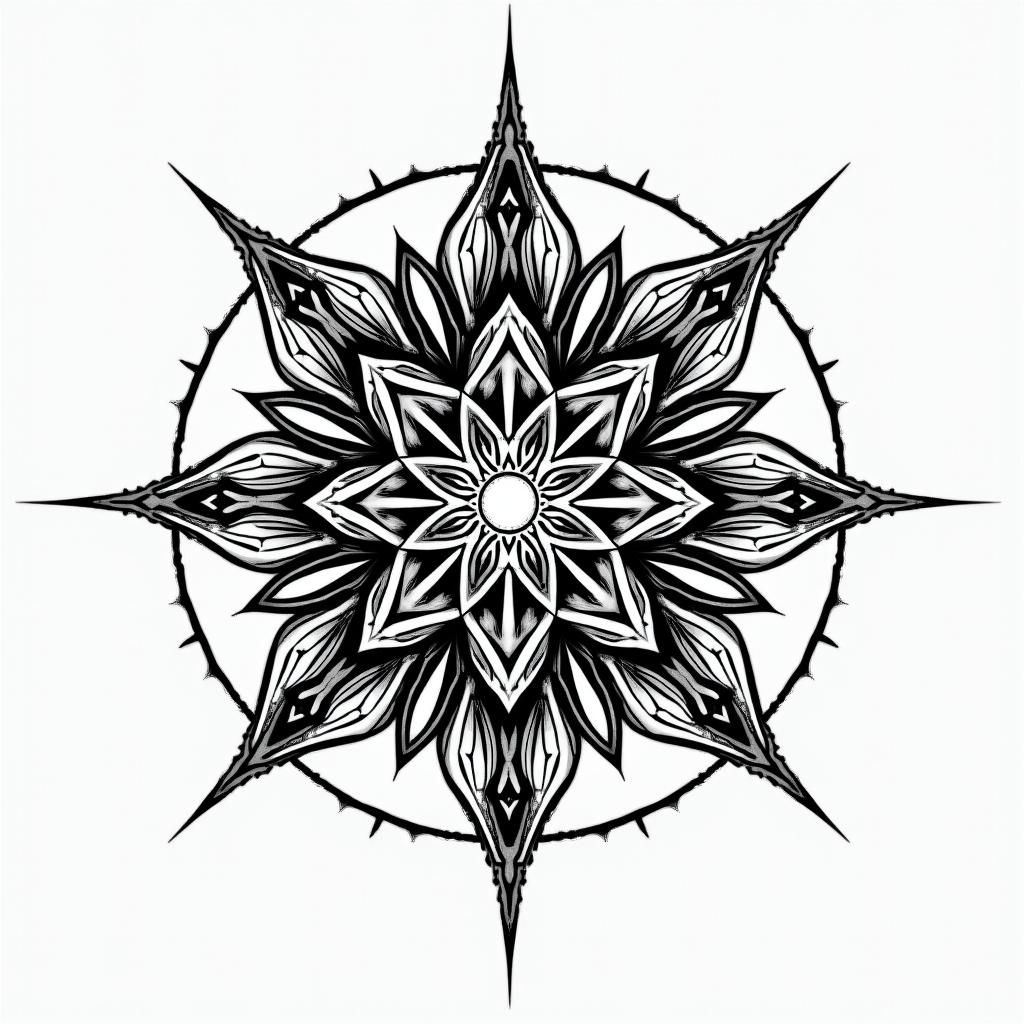 Success, willpower, anger, divorcein dotwork style tattoo, complex mandala patterns, interlocking geometric shapes with sharp symmetry, clean lines, sharp angles - Variation 2