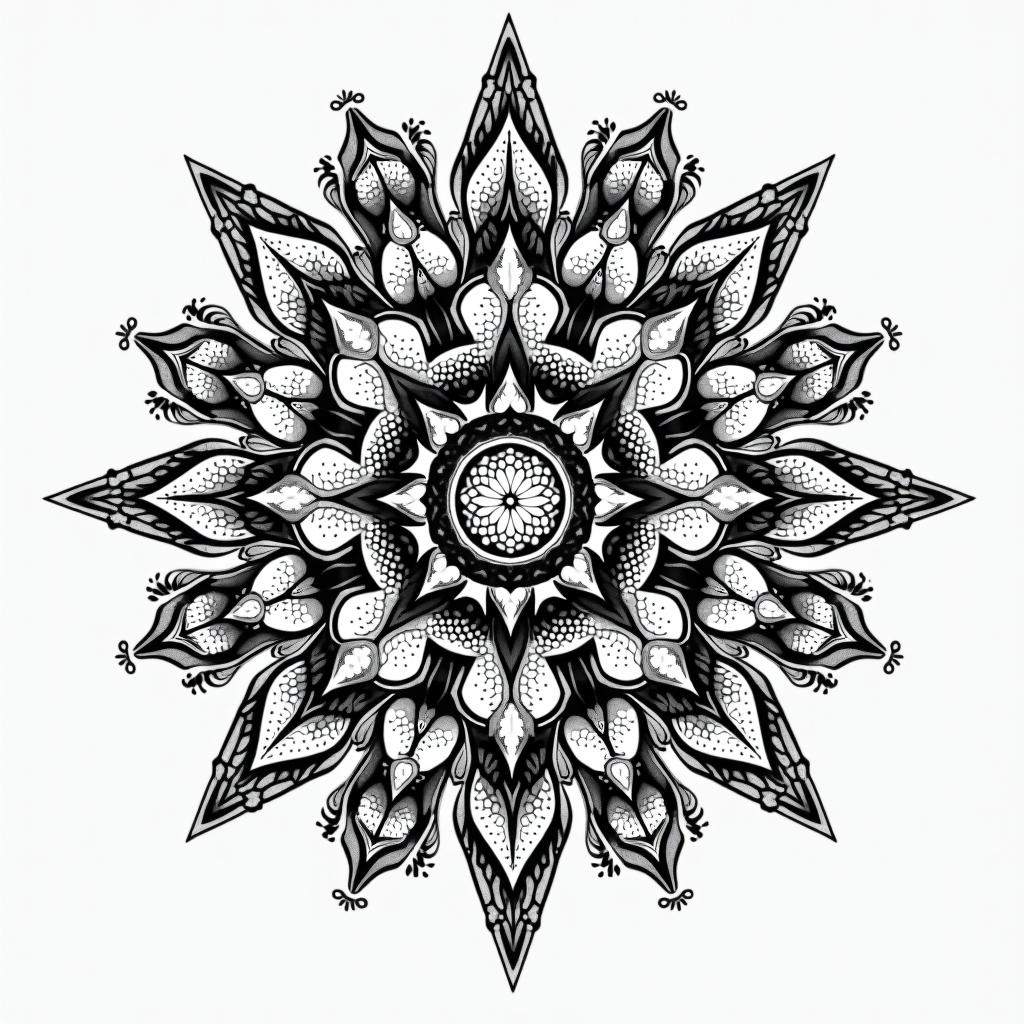 Success, willpower, anger, divorcein dotwork style tattoo, complex mandala patterns, interlocking geometric shapes with sharp symmetry, clean lines, sharp angles - Variation 4