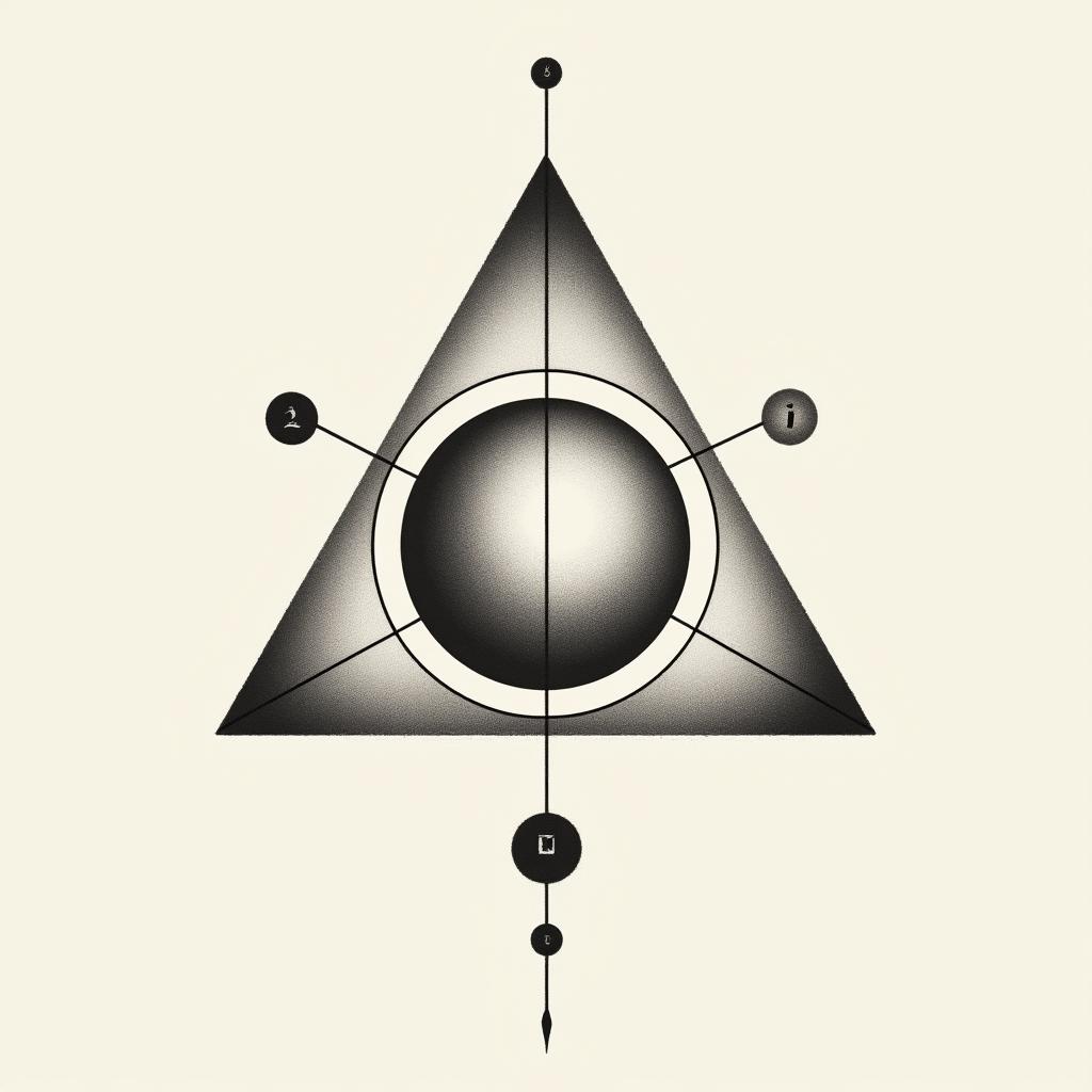 An elegant tattoo design that includes a triangle, a line bisecting it, with smaller circles inside and a larger circle outside of it, highlighting a clean, abstract style.undefined