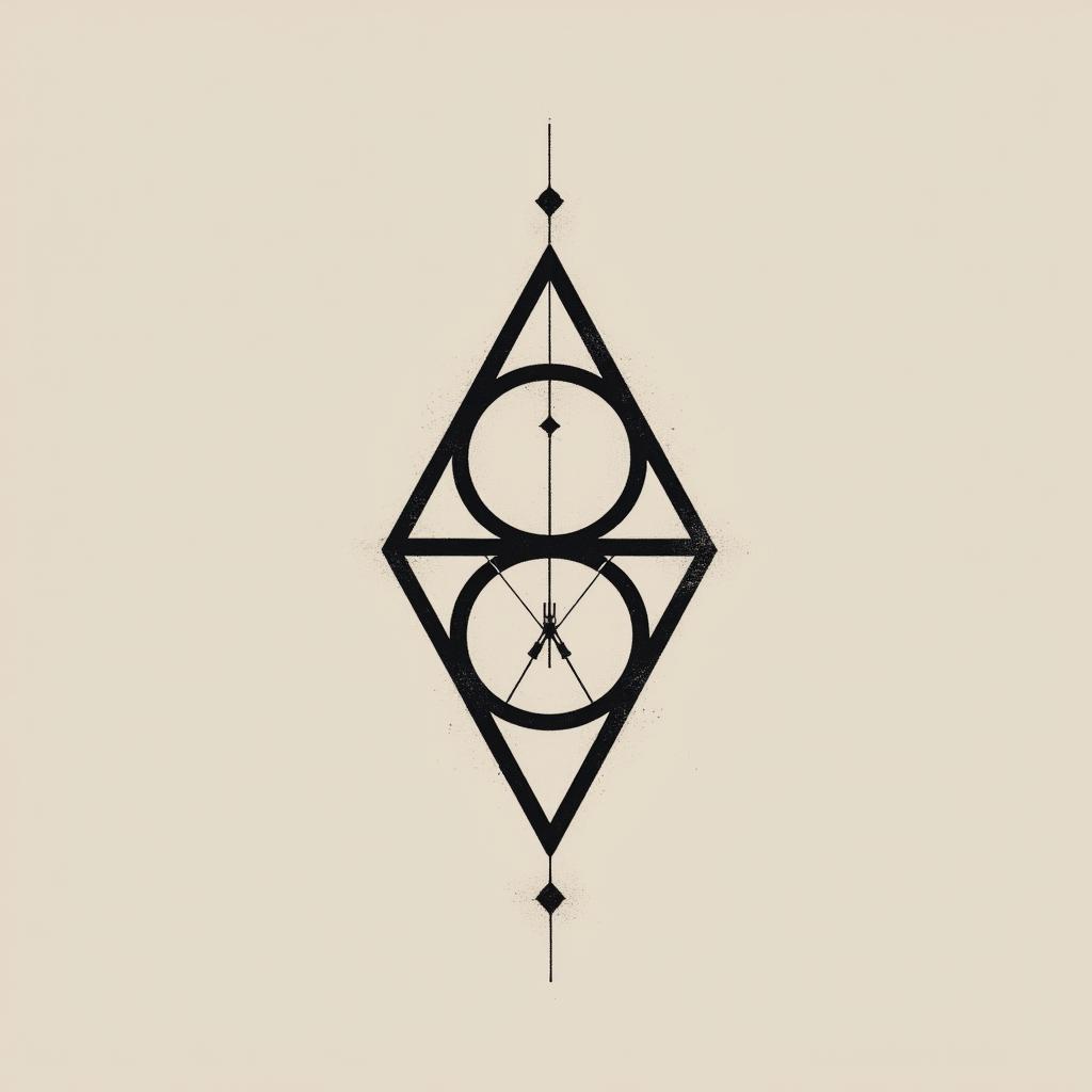 A simple yet sophisticated abstract tattoo incorporating a triangle, a bisection line, and circles, with one circle larger than the triangle, focusing on minimalism.undefined