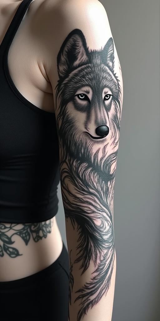 arm cover up, mix of wolf and phoenixin graffiti style tattoo, featuring bold and dynamic street art elements, spray-paint texture with exaggerated lines and expressive, chaotic brushstrokes, intricate lettering incorporated with graffiti tags, symbols like hearts, stars, and wings - Variation 2