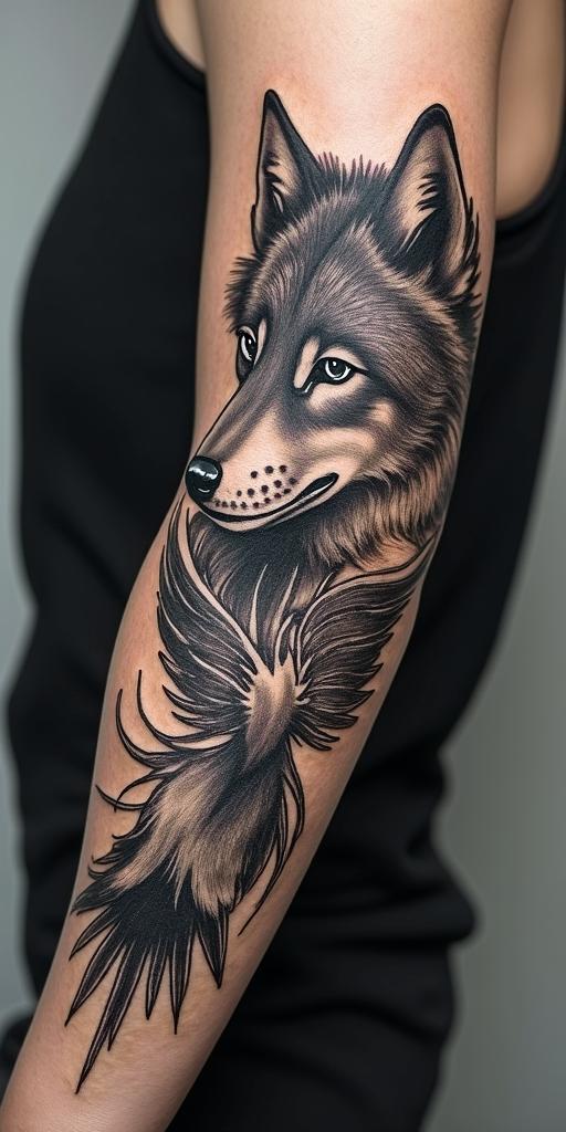 arm cover up, mix of wolf and phoenixin graffiti style tattoo, featuring bold and dynamic street art elements, spray-paint texture with exaggerated lines and expressive, chaotic brushstrokes, intricate lettering incorporated with graffiti tags, symbols like hearts, stars, and wings