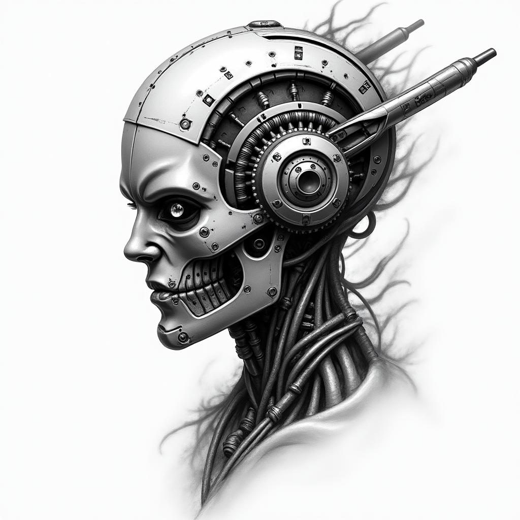 Turbotattoo in biomechanic style, the tattoo covered by robotic elements of futuristic cyberpunk design, robotic features detail, showcasing intricate mechanical components
