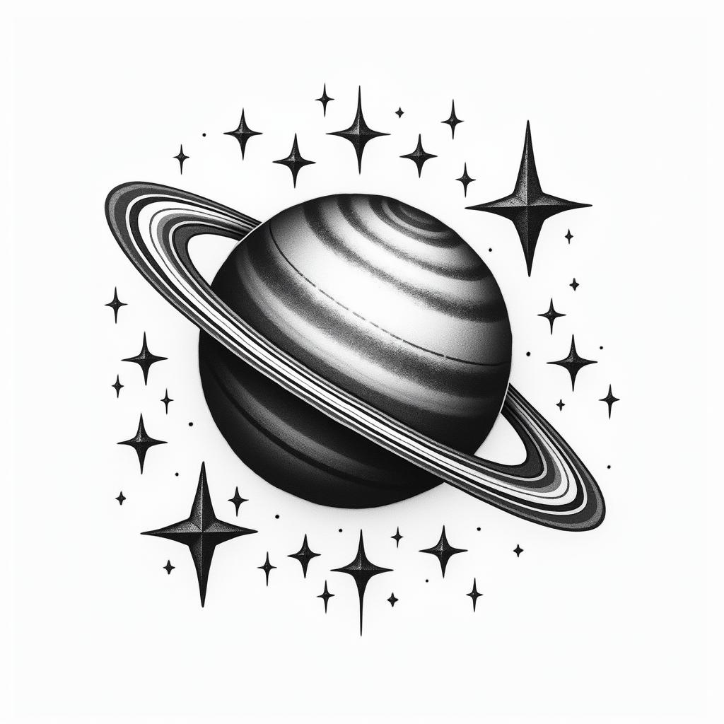 Little Saturn with starshigly detailed tattoo