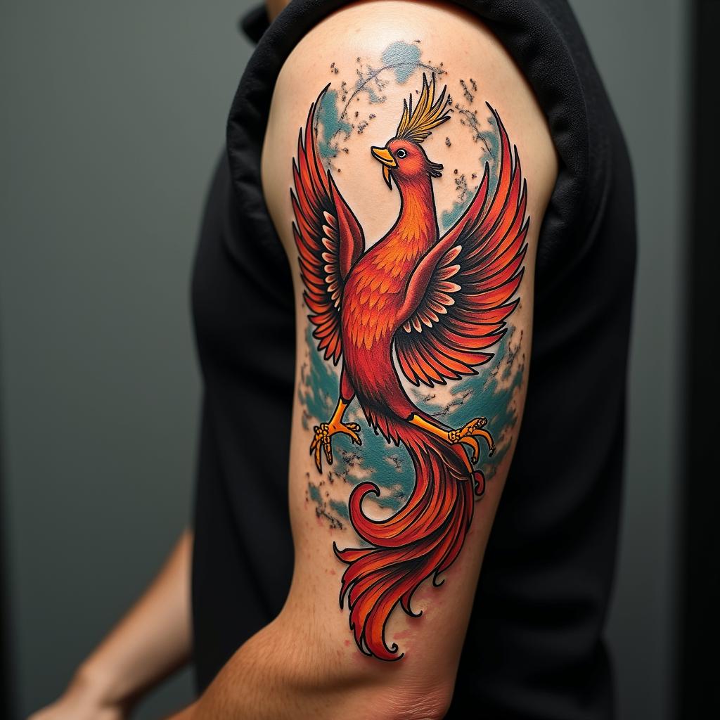 Phoenix risingin pop art style tattoo, featuring bold and vibrant colors, exaggerated outlines, iconic imagery, inspired by comic books and speech bubbles, comic book characters, retro pop culture - Variation 4