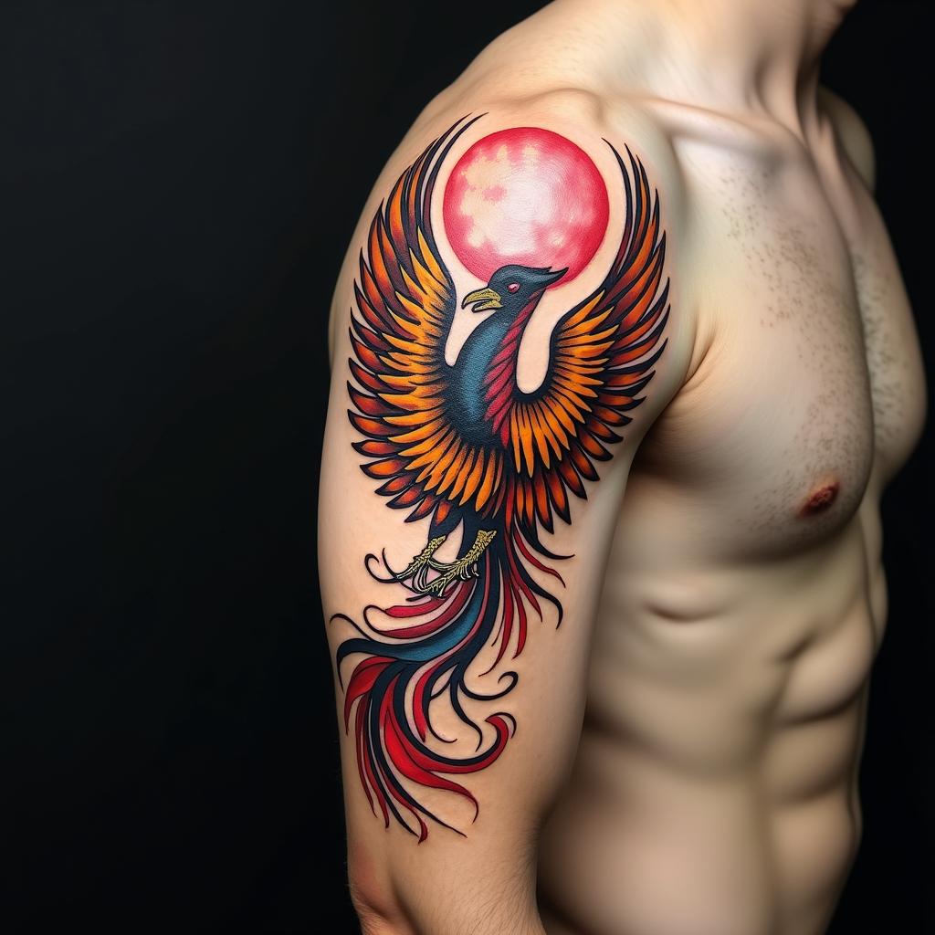 Phoenix risingin pop art style tattoo, featuring bold and vibrant colors, exaggerated outlines, iconic imagery, inspired by comic books and speech bubbles, comic book characters, retro pop culture