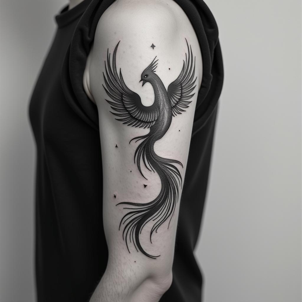 Phoenix risingin minimalist style tattoo, featuring simple shapes and fine lines, with minimal shading and details, tiny triangles, creating a sense of balance and harmony