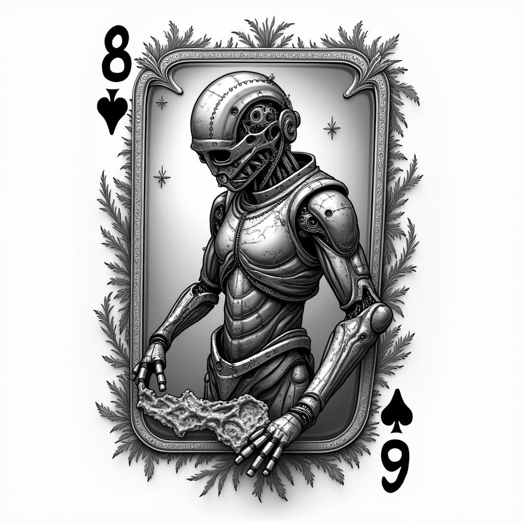 Card game, treasure, world map, Caribbeantattoo in biomechanic style, the tattoo covered by robotic elements of futuristic cyberpunk design, robotic features detail, showcasing intricate mechanical components