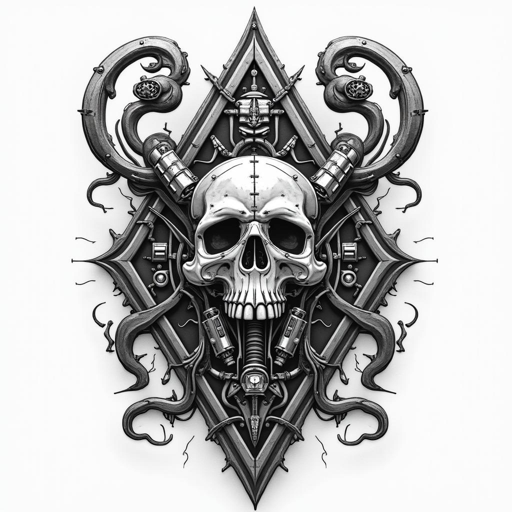 Card game, treasure, world map, Caribbeantattoo in biomechanic style, the tattoo covered by robotic elements of futuristic cyberpunk design, robotic features detail, showcasing intricate mechanical components - Variation 3