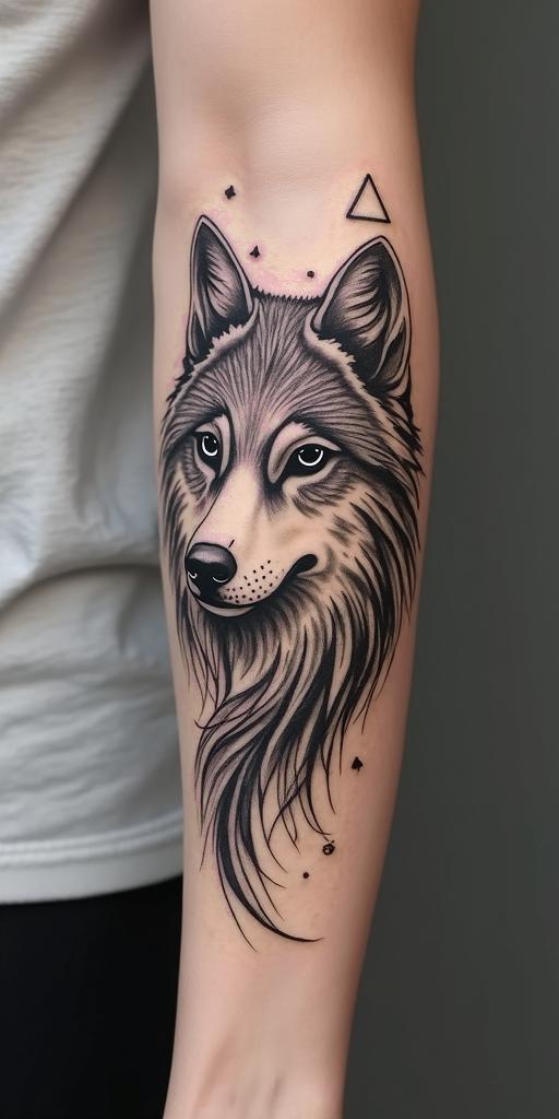 arm cover up, mix of wolf and phoenixin minimalist style tattoo, featuring simple shapes and fine lines, with minimal shading and details, tiny triangles, creating a sense of balance and harmony - Variation 3