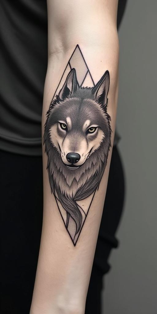 arm cover up, mix of wolf and phoenixin minimalist style tattoo, featuring simple shapes and fine lines, with minimal shading and details, tiny triangles, creating a sense of balance and harmony - Variation 4