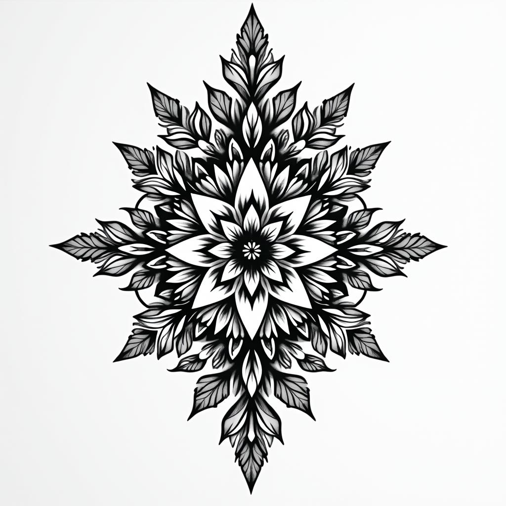 Catia,touro,montijoin ornamental tattoo style, featuring intricate symmetrical patterns and floral designs, showcasing highly detailed line work and geometric shapes, creating a sense of elegance and balance