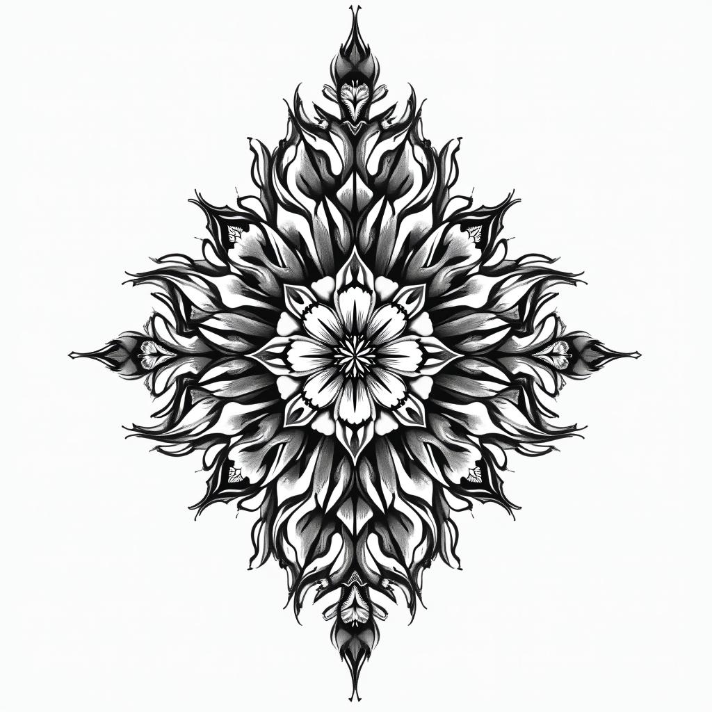 Catia,touro,montijoin ornamental tattoo style, featuring intricate symmetrical patterns and floral designs, showcasing highly detailed line work and geometric shapes, creating a sense of elegance and balance - Variation 2