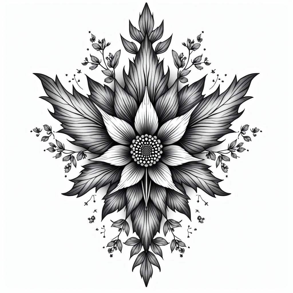 Catia,touro,montijoin ornamental tattoo style, featuring intricate symmetrical patterns and floral designs, showcasing highly detailed line work and geometric shapes, creating a sense of elegance and balance - Variation 4