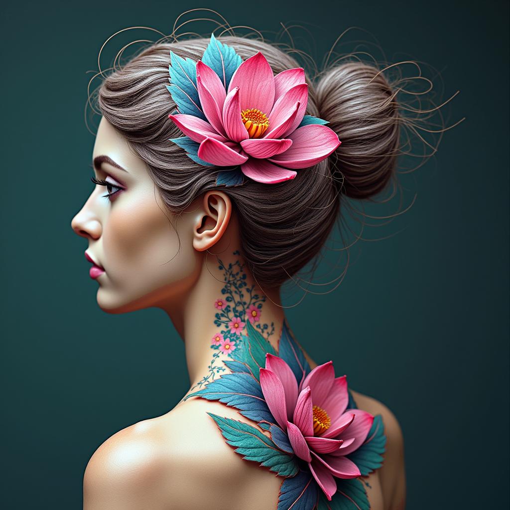 Lotus flowerin distorted and fragmented tattoo design, featuring a classical statue bust, in a glitch art style with vibrant, overlapping colors of cyan, magenta, and yellow, creating a digital distortion effect - Variation 4