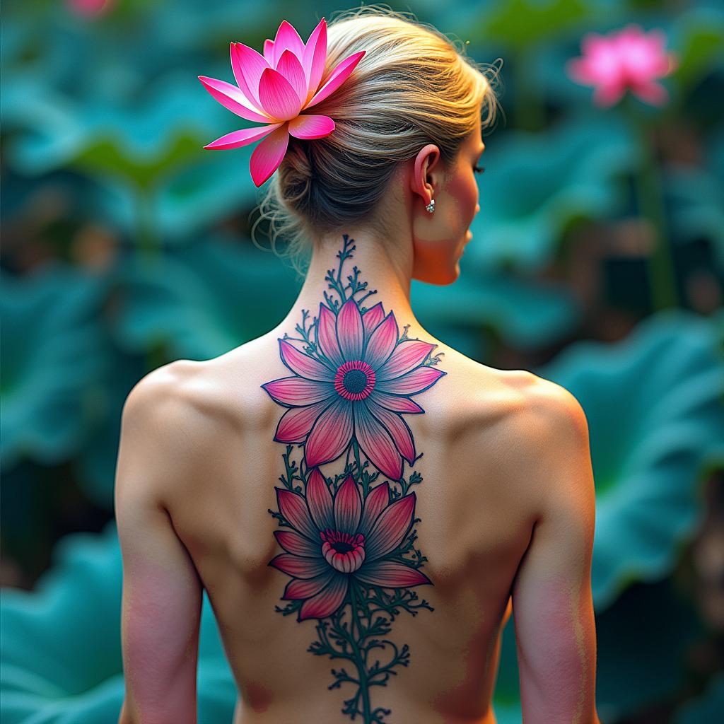 Lotus flowerin distorted and fragmented tattoo design, featuring a classical statue bust, in a glitch art style with vibrant, overlapping colors of cyan, magenta, and yellow, creating a digital distortion effect - Variation 2