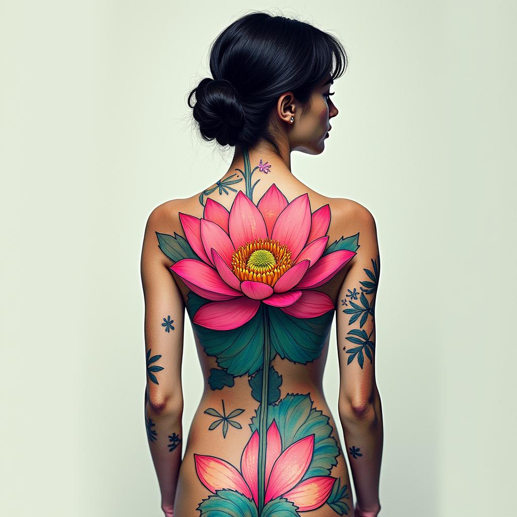 Lotus flowerin distorted and fragmented tattoo design, featuring a classical statue bust, in a glitch art style with vibrant, overlapping colors of cyan, magenta, and yellow, creating a digital distortion effect - Variation 3