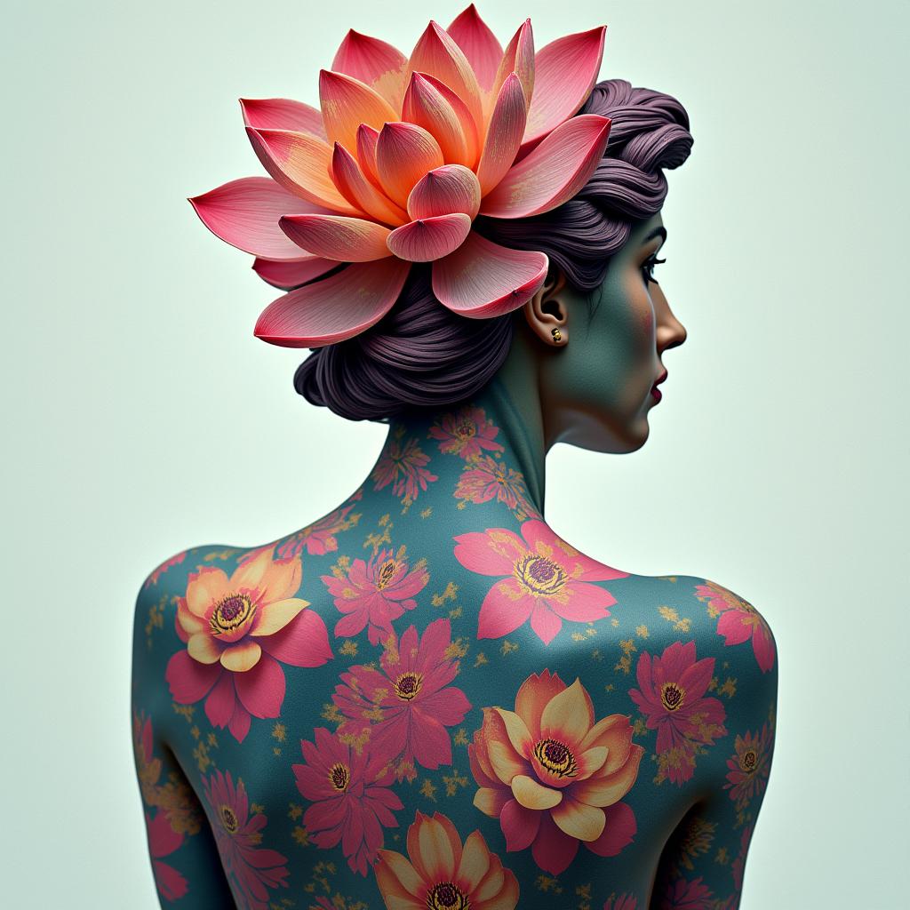 Lotus flowerin distorted and fragmented tattoo design, featuring a classical statue bust, in a glitch art style with vibrant, overlapping colors of cyan, magenta, and yellow, creating a digital distortion effect