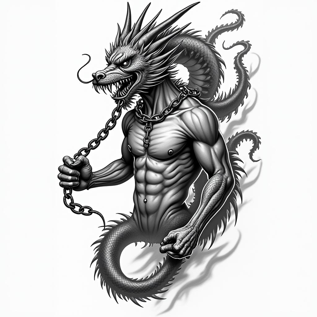 Japanese demon holding a face in one hand and halfway through a chain, the Japanese dragon wraps around the whole arm.higly detailed tattoo