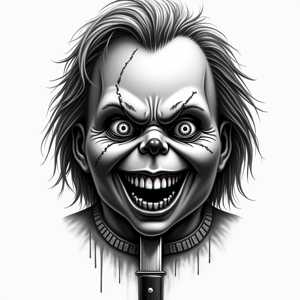 Hahaha with 07 and Chucky’s knife and add so much detail in horror tattoo style, showcasing haunting and unsettling, dark and gritty textures with skulls, eerie faces, jgged designs, bold and intense shading - Variation 3