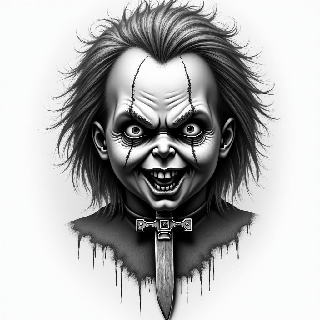 Hahaha with 07 and Chucky’s knife and add so much detail in horror tattoo style, showcasing haunting and unsettling, dark and gritty textures with skulls, eerie faces, jgged designs, bold and intense shading - Variation 4