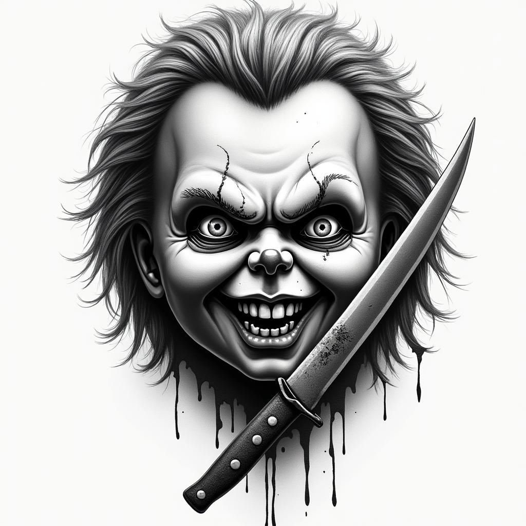 Hahaha with 07 and Chucky’s knife and add so much detail in horror tattoo style, showcasing haunting and unsettling, dark and gritty textures with skulls, eerie faces, jgged designs, bold and intense shading - Variation 2