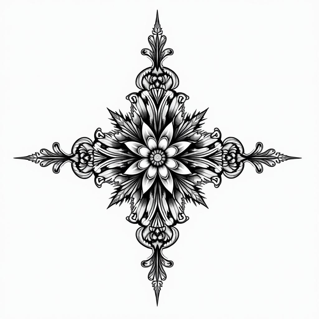 Success, willpower, anger, divorcein ornamental tattoo style, featuring intricate symmetrical patterns and floral designs, showcasing highly detailed line work and geometric shapes, creating a sense of elegance and balance