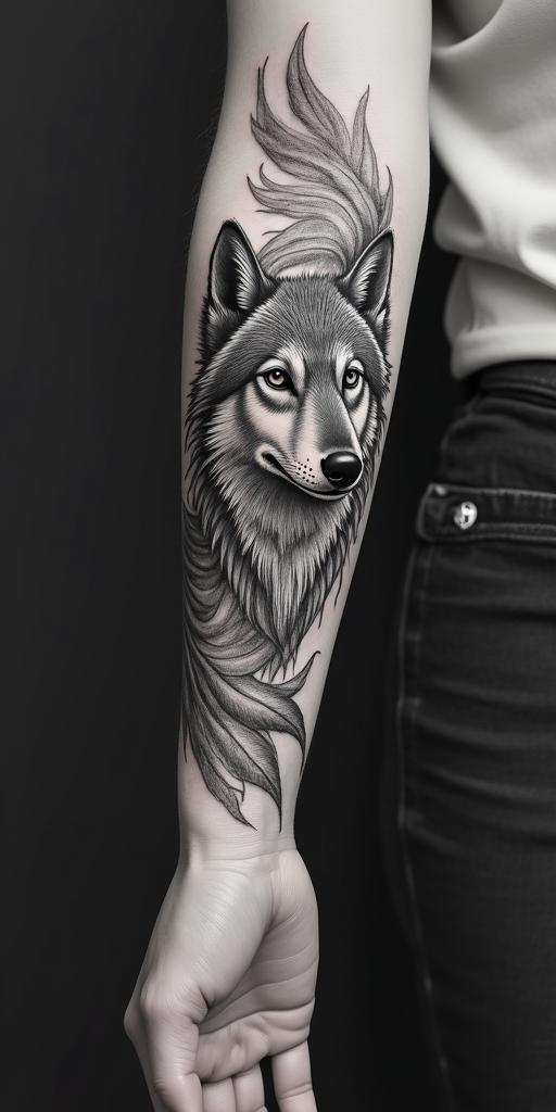 arm cover up, mix of wolf and phoenixin new school tattoo, pop culture, modern, detailed tattoo, illustrative - Variation 2