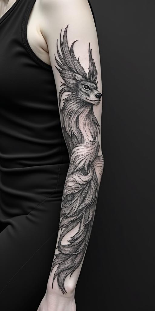 arm cover up, mix of wolf and phoenixin new school tattoo, pop culture, modern, detailed tattoo, illustrative
