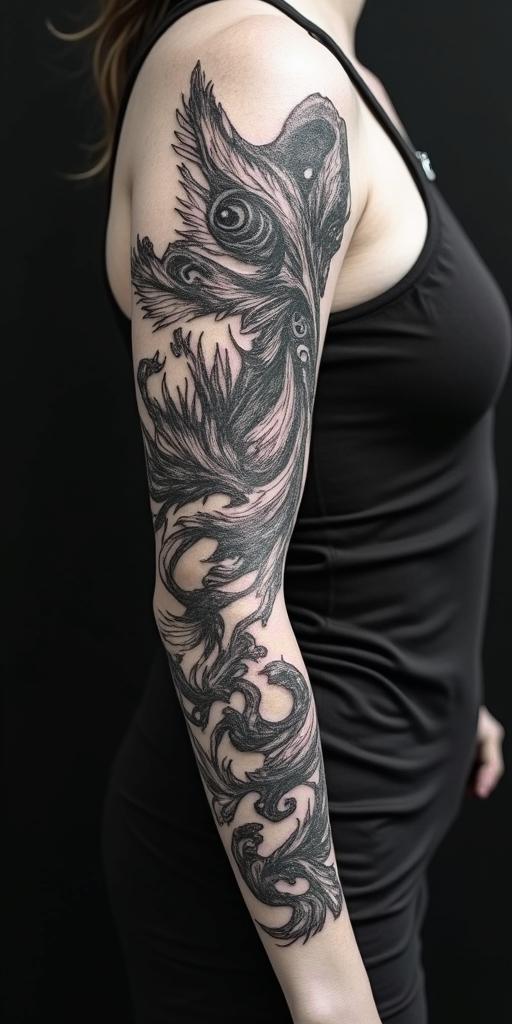 arm cover up, mix of wolf and phoenixin new school tattoo, pop culture, modern, detailed tattoo, illustrative - Variation 4