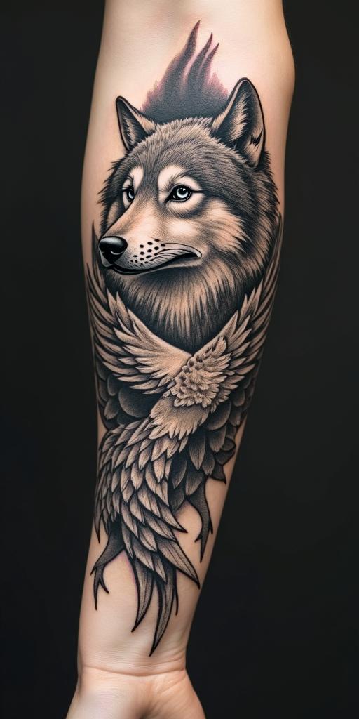 arm cover up, mix of wolf and phoenixin new school tattoo, pop culture, modern, detailed tattoo, illustrative - Variation 3